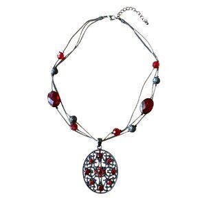 Gun Metal Red Rhinestone Crystal Multi-Strand Chain Filigree Pendant Necklace